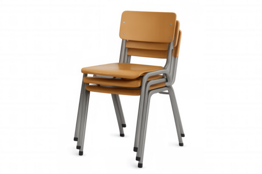 Stacked school chairs, wooden seats and metal frames, representing education, learning, and classroom supplies