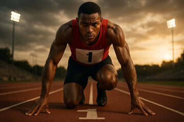 Athlete runner on starting line preparing for race on outdoor track at sunset with stadium lights and focused expression