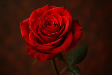 Vibrant red rose with delicate petals and green leaves, beautifully composed against dark blurred background, evoking romance and natural elegance