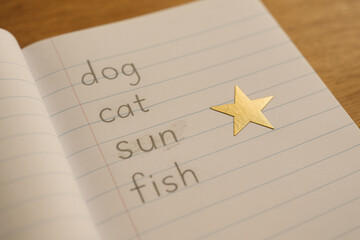 Child workbook with simple words dog, cat, sun, fish written in pencil and gold star sticker on lined paper, symbolizing learning and achievement in early education