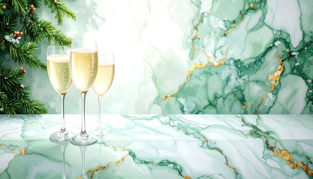 Festive Champagne Glasses on a Green Marble Surface