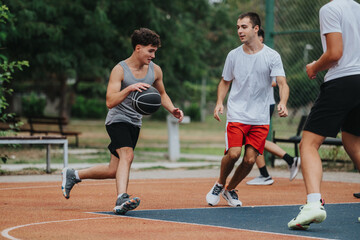 A group of friends dribbles, passes, and moves on a sunny outdoor basketball court. They wear athletic clothes, focused expressions, enjoying a casual, energetic moment of sport and teamwork.