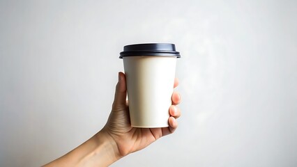 Hand holding a brown paper shopping bag with handles against a white wall background