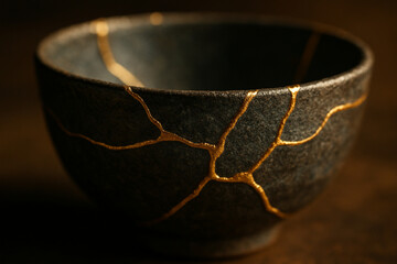 Golden kintsugi bowl with visible gold repair lines on dark ceramic, symbolizing beauty in imperfection and resilience in art
