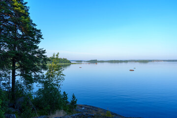 Scenic lake view with pine tree, rocky shore, and calm water at sunrise