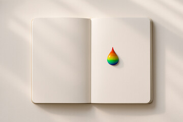 Rainbow paint droplet on blank open notebook page with soft natural light creating calm and creative atmosphere for art or design concept