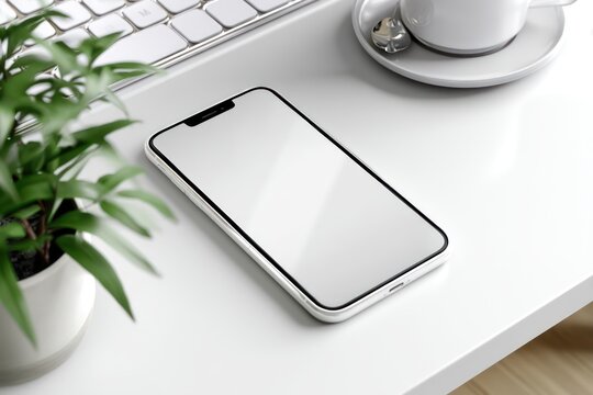 White iPhone Mockup on Desk with Empty Screen