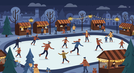 This flat design vector illustration captures the joyful atmosphere of an outdoor ice skating rink set within a vibrant Christmas market. Skaters enjoy the holiday season surrounded by festive market.