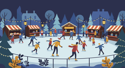 This flat design vector illustration captures the joyful atmosphere of an outdoor ice skating rink set within a vibrant Christmas market. Skaters enjoy the holiday season surrounded by festive market.