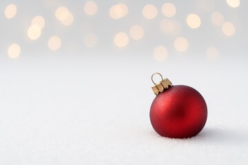 Minimal Red Christmas Ornament on White Snow with Soft Bokeh Lights