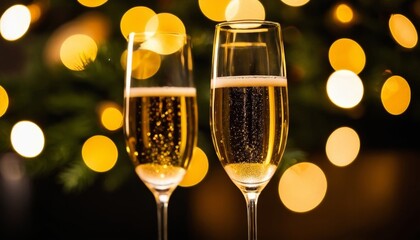 Close-Up of Two Champagne Glasses with Golden Bokeh Lights, Festive Celebration