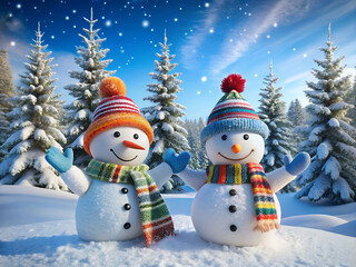 Two cheerful snowmen in winter forest with snow falling and starry sky