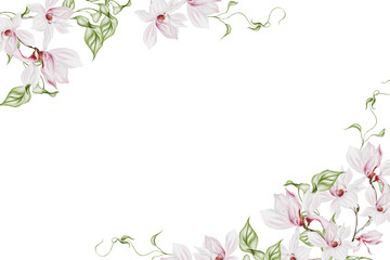 Blooming botanical watercolor flowers border frame. colorful flower on white background.