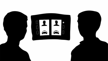 Two silhouetted figures viewing a screen displaying images of people and cars in a black and white setting