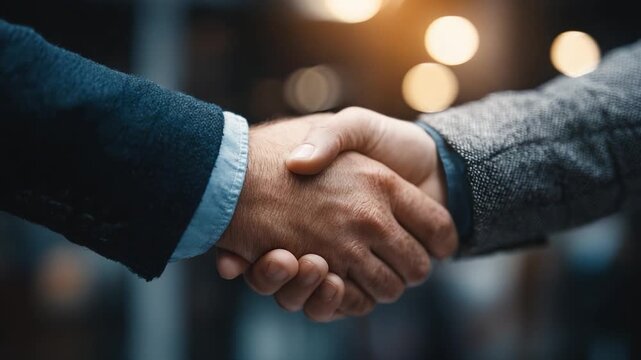 A Professional Handshake Signifying Agreement and Collaboration Between Individuals in a Business Setting with a Warm and Inviting Atmosphere Indicated by Soft Lighting
