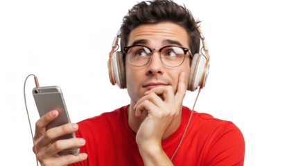 Young man wearing headphones listens to music on smartphone pondering thoughtful expression