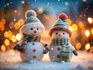 Two cute snowmen with bokeh lights in winter at night, festive and magical atmosphere