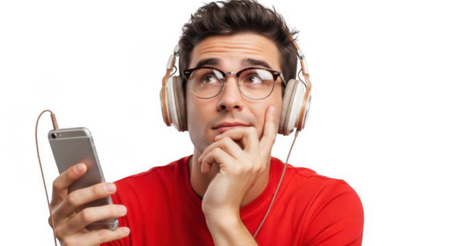 Young man wearing headphones listens to music on smartphone pondering thoughtful expression