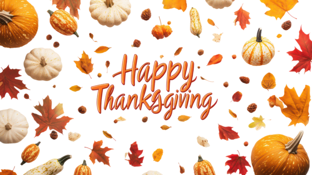Happy thanksgiving text with pumpkins and autumn leaves isolated on transparent background