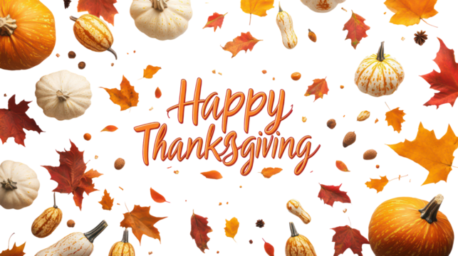 Happy thanksgiving text with pumpkins and autumn leaves isolated on transparent background