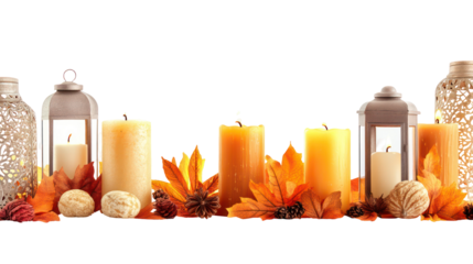 Autumnal candle display with fall leaves isolated on transparent background