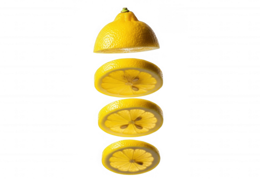 Yellow citrus fruit slices suspended isolated on a transparent background