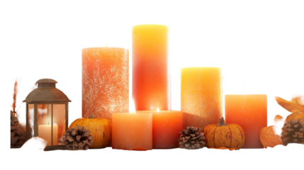 Autumnal candle arrangement with lantern and pumpkins isolated on transparent background