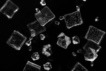 Flying ice cubes on black background