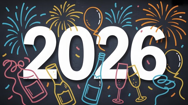 Happy new year 2026 celebration with fireworks champagne bottles balloons and confetti on a dark background