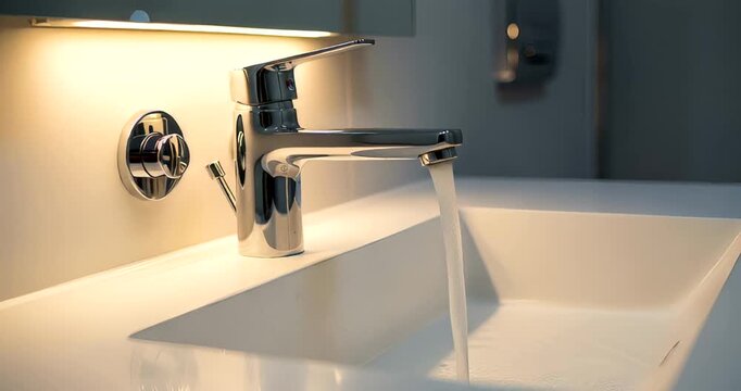 Modern bathroom faucet with running water over a sleek white sink