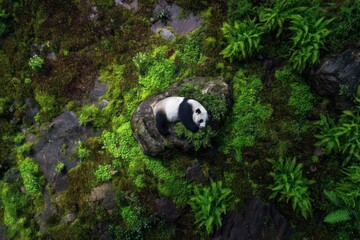Obraz premium Top-Down View of Panda Resting on Mossy Rock