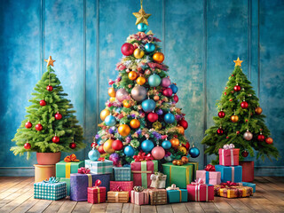 Festively decorated christmas tree with colorful ornaments and baubles, surrounded by gift boxes