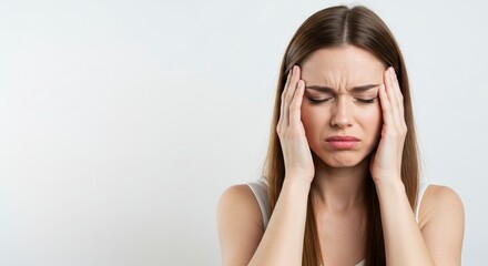 Woman with eyes closed hands on temples appears distressed