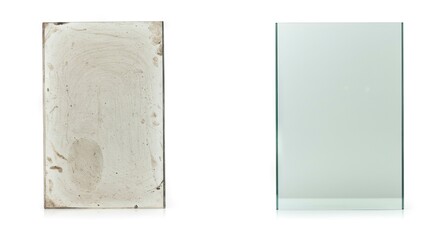 Two rectangular glass panes one clean the other smudged with fingerprints