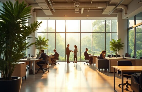 Modern open-plan office with large windows, ergonomic furniture, and green plants. People work at desks, collaborate, and communicate in a bright and airy workspace.