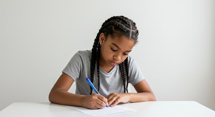 Young person intently writes on paper at a white desk wearing braids and a gray top