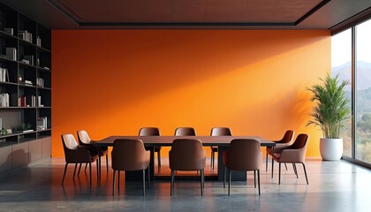 Modern conference room with long wooden table chairs set against bright orange wall. Large window reveals scenic mountain landscape. Bookshelves line one wall. Plant adds greenery.