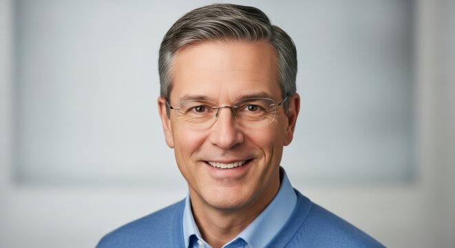 Professional portrait of a smiling man with short gray hair and blue shirt