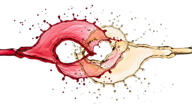 A dynamic collision of red  white liquids splashing together on a plain white backdrop