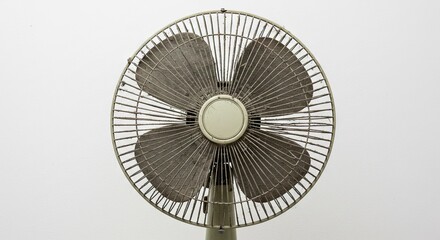 A dusty standing fan with four blades and a protective wire cage stands against a plain white background