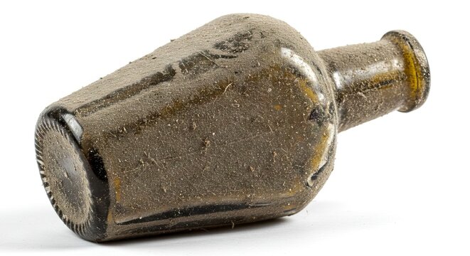 A dusty old glass bottle lies on its side coated in fine lightcolored dust with a neck and round bottom