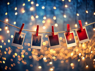 Five instant photos clipped to a string with red clips, against a backdrop of warm bokeh lights
