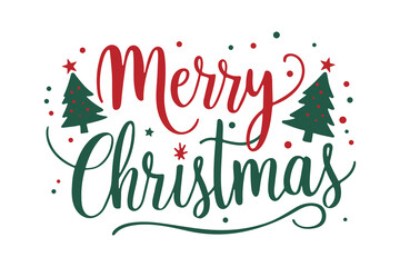 merry christmas greeting with red green cursive text christmas trees stars and dots on festive white background