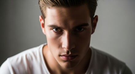 Fototapeta premium Intense close-up portrait of a young man with dramatic lighting capturing his gaze