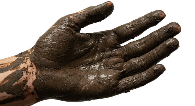 A hand covered in wet darkbrown mud against a white background with fingers extended