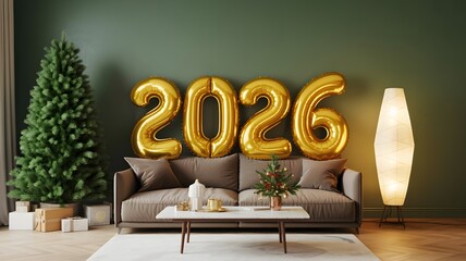 Golden 2026 balloons float above a sofa in a cozy living room with a christmas tree and warm lighting