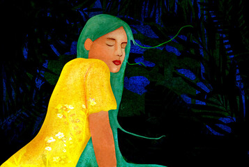 Ilustracja portret młoda zamyślona kobieta zielone włosy granatowe ciemne tło.