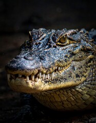 Obraz premium Close-up of a crocodile's head. Dark background, showcasing textured scales and sharp teeth. Focused on the head, showing a powerful jaw