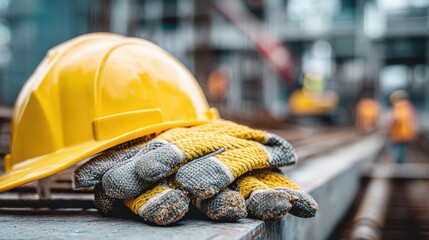 Yellow hard hat and protective work gloves on a concrete beam at construction site