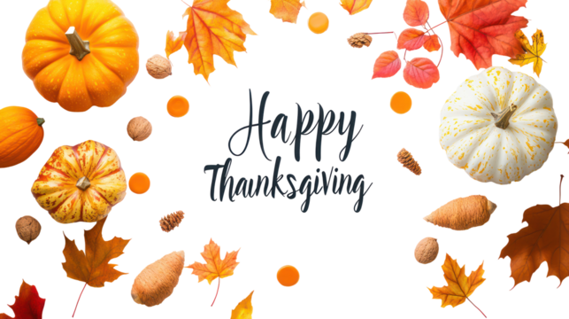 Happy thanksgiving greeting with pumpkins and autumn leaves isolated on transparent background - Powered by Adobe